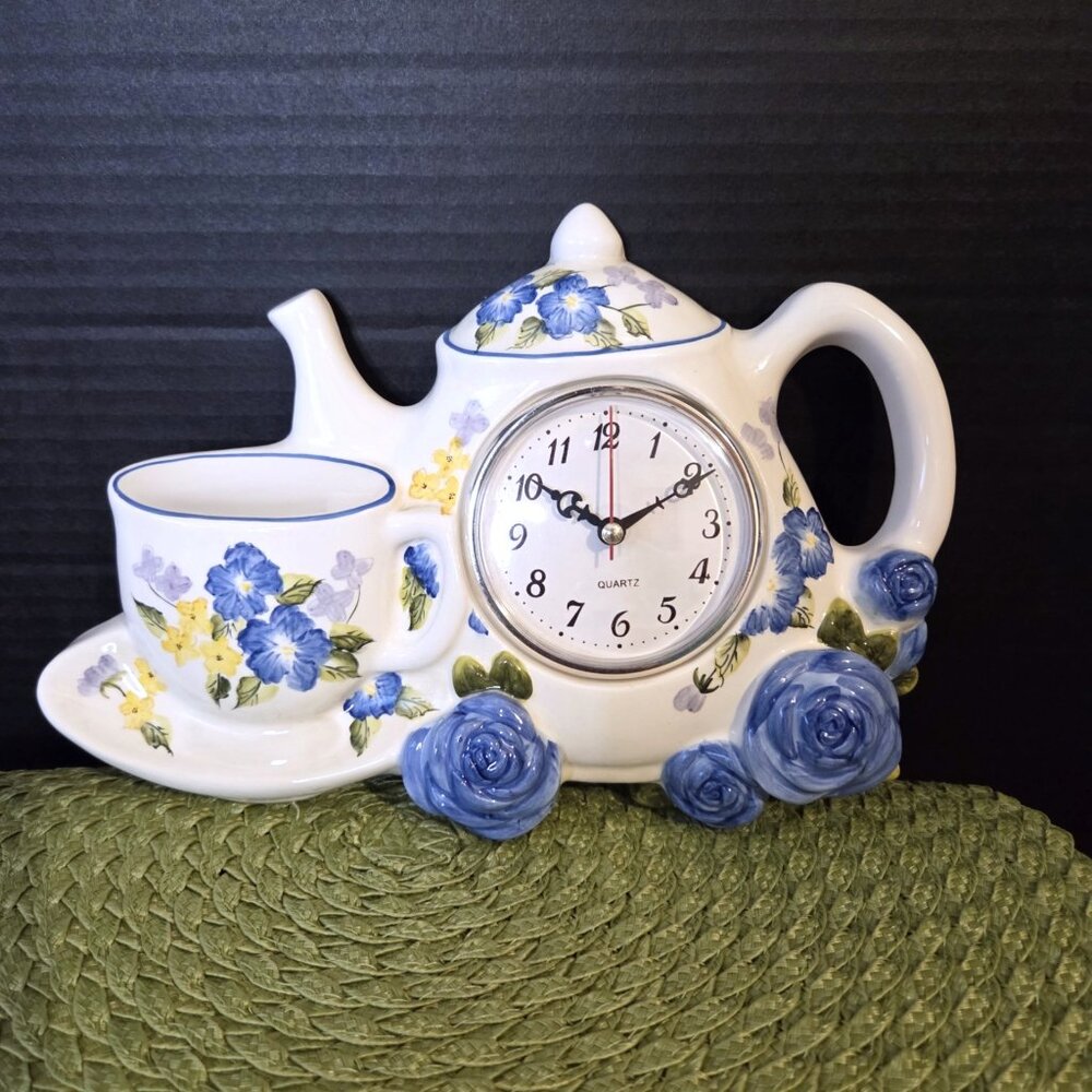 Vintage Ceramic Wall Clock with Blue Flowers - Teapot, Cup, Saucer - Picture 2 of 5